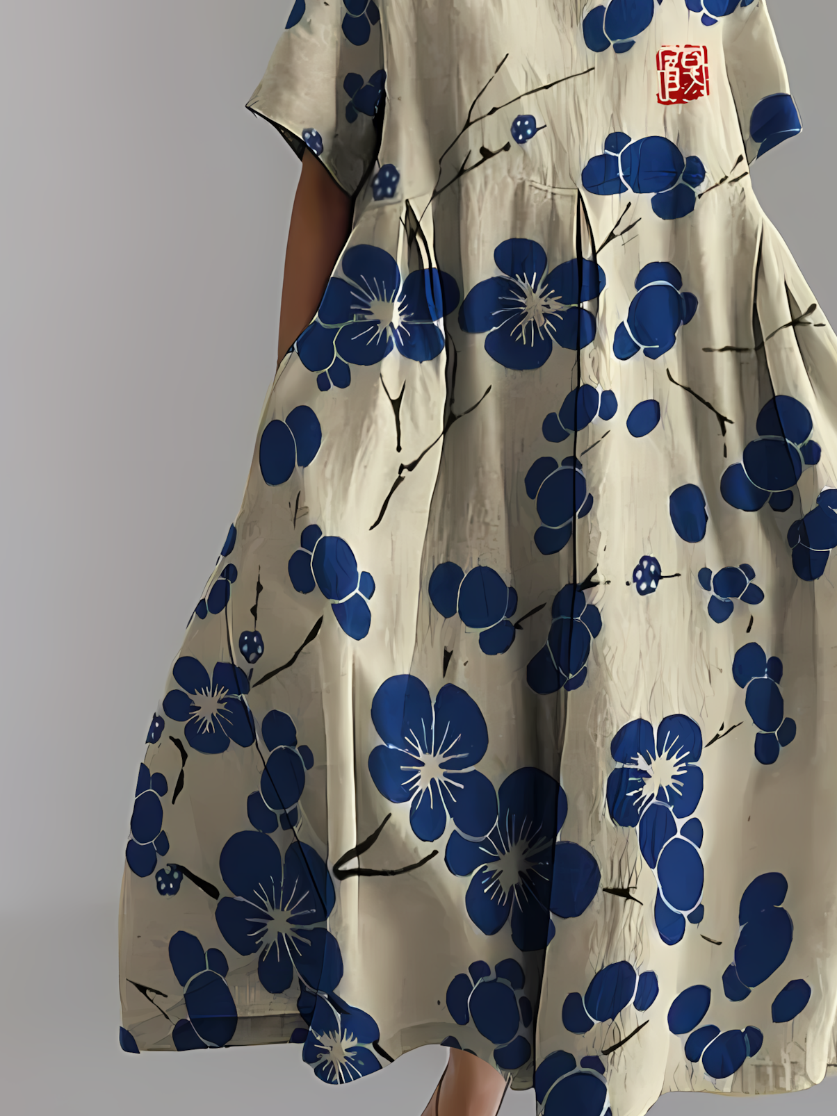 Women's Japanese Art Floral Print Vintage Round Neck Pleated Maxi Dress