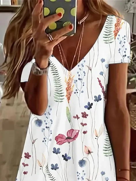 Women's Floral Spring Print Casual V-Neck Short Sleeve Dress