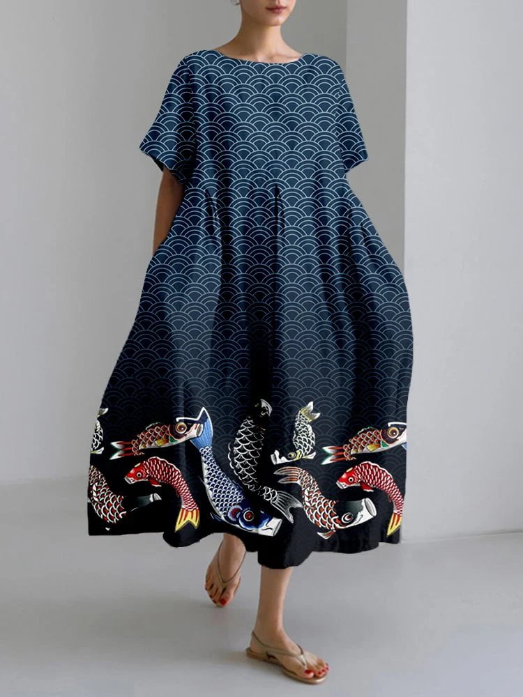 Women's Japanese Art Print Vintage Round Neck Pleated Maxi Dress