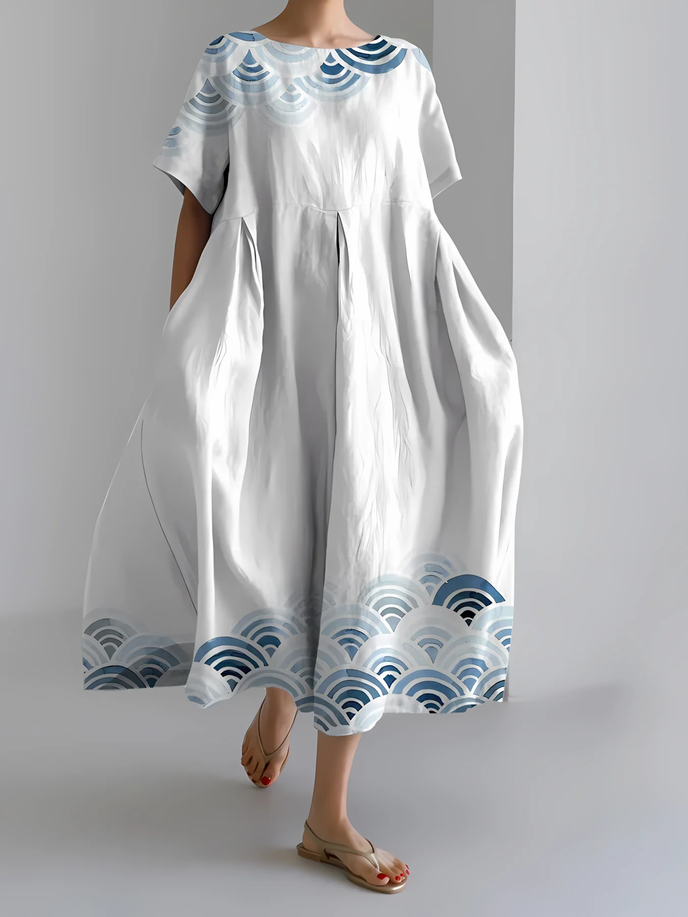 Women's Japanese Art Floral Print Vintage Round Neck Pleated Maxi Dress