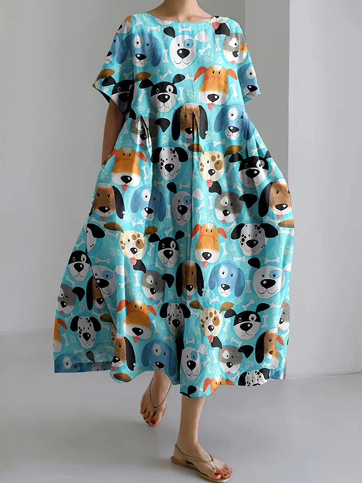 Women'S Funny Dog ​​Print Short Sleeve Linen Blend Midi Dress With No Belt