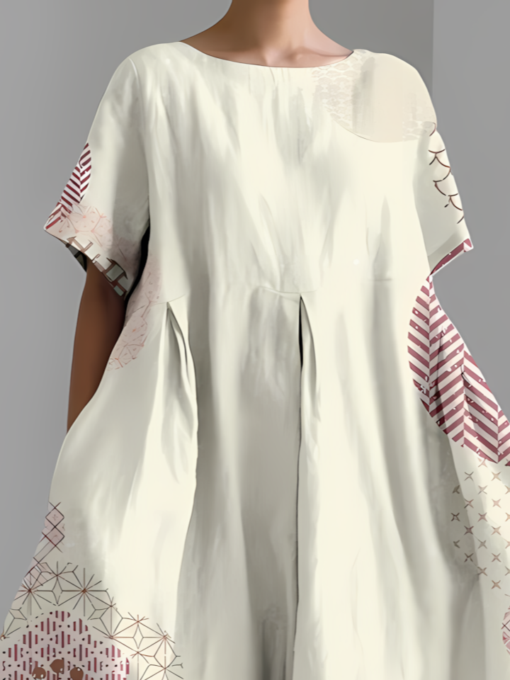 Women's Japanese Art Floral Print Vintage Round Neck Pleated Dress