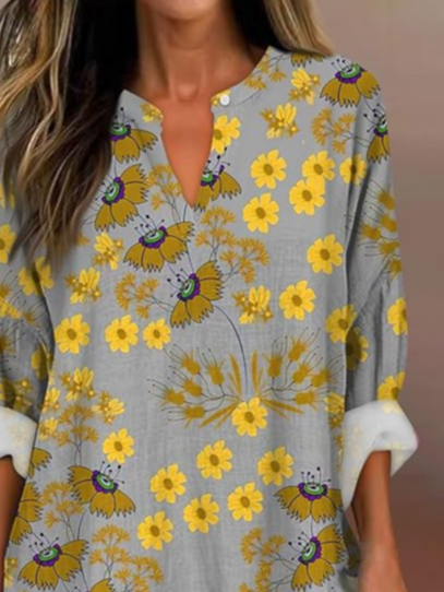 Women's Artistic Floral Print Elegant Casual V Neck Shirt