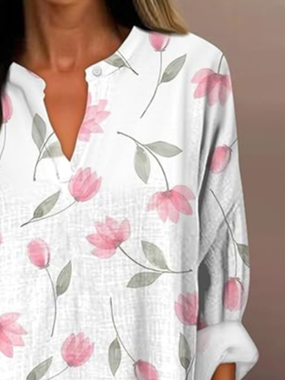 Women's Artistic Floral Print Elegant Casual V Neck Shirt