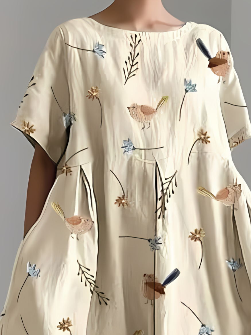 Women's Artistic Floral Print Vintage Round Neck Pleated Maxi Dress