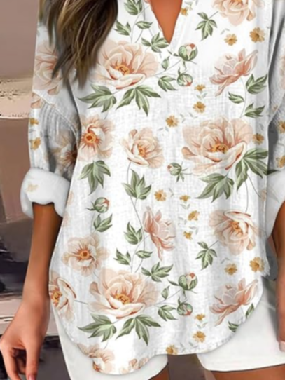 Women's Artistic Floral Print Elegant Casual V Neck Shirt