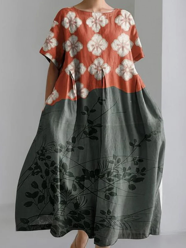 Women's Artistic Floral Print Vintage Round Neck Pleated Maxi Dress