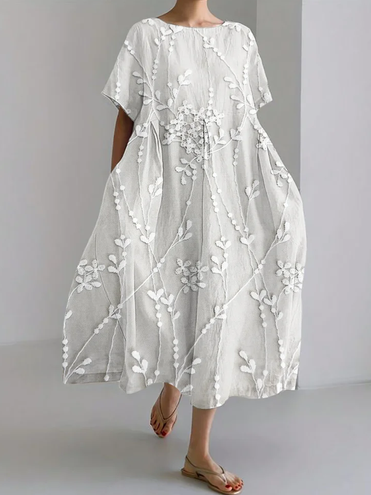 Elegant floral lace embroidery linen blend dress Dress With No Belt