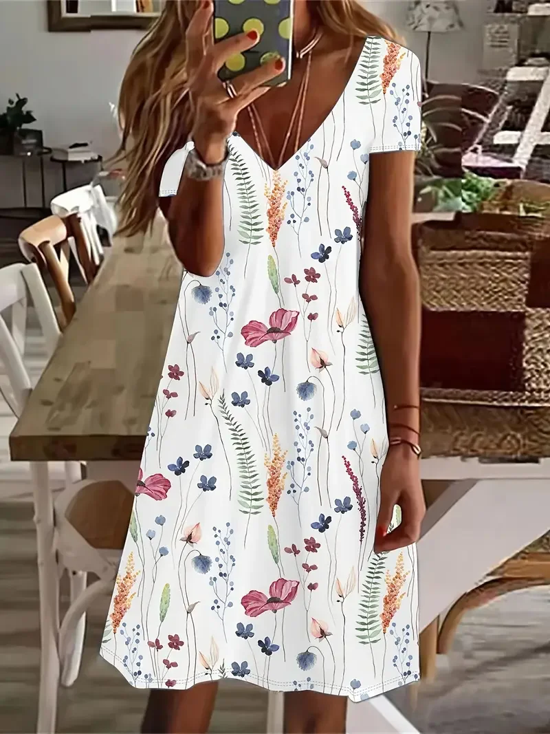 Women's Floral Spring Print Casual V-Neck Short Sleeve Dress