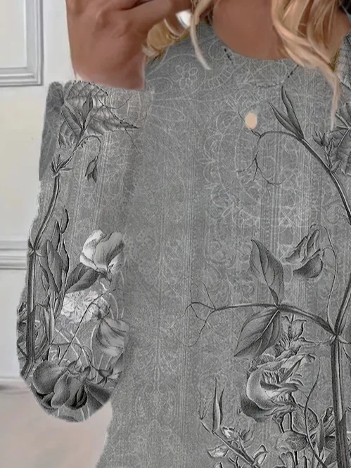 Women's Spring Floral Print Casual Round Neck Long Sleeve T-Shirt
