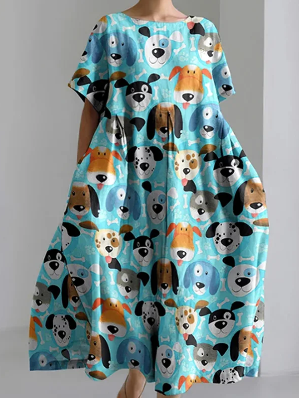 Women'S Funny Dog ​​Print Short Sleeve Linen Blend Midi Dress With No Belt