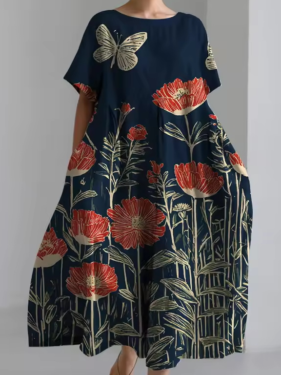 Women's Artistic Floral Print Vintage Round Neck Pleated Maxi Dress