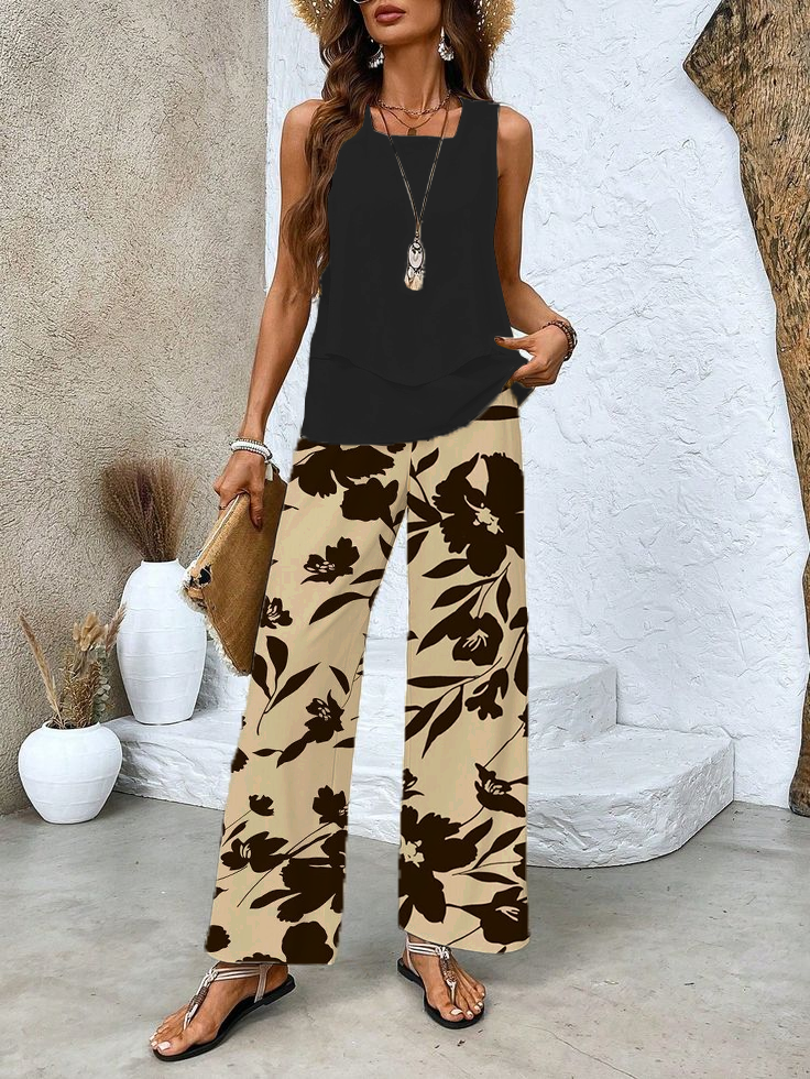 Women's Spring Floral Casual Tank Top Pants Two Piece Suit