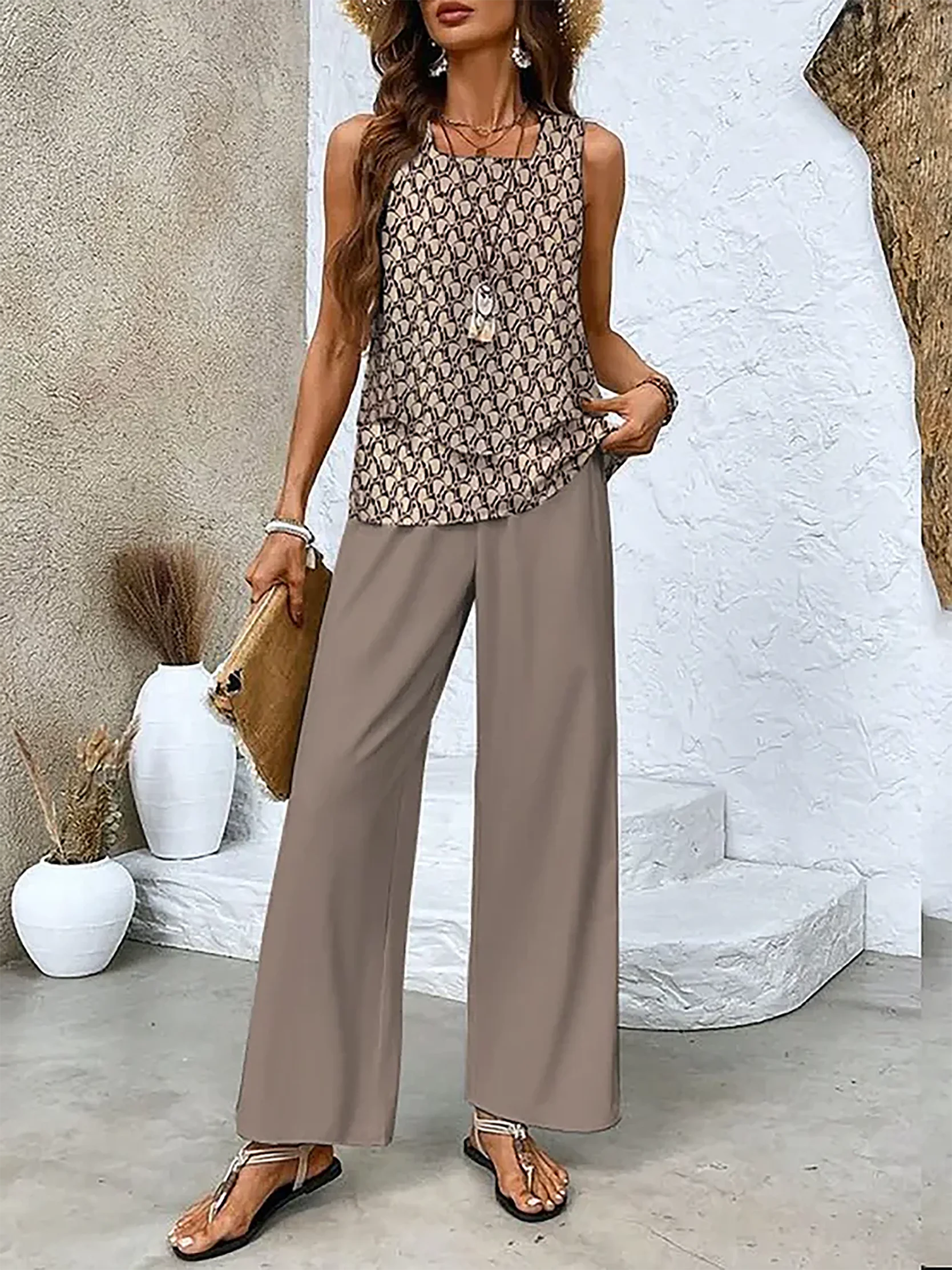 Women's Geometric Casual Tank Top Pants Two Piece Suit