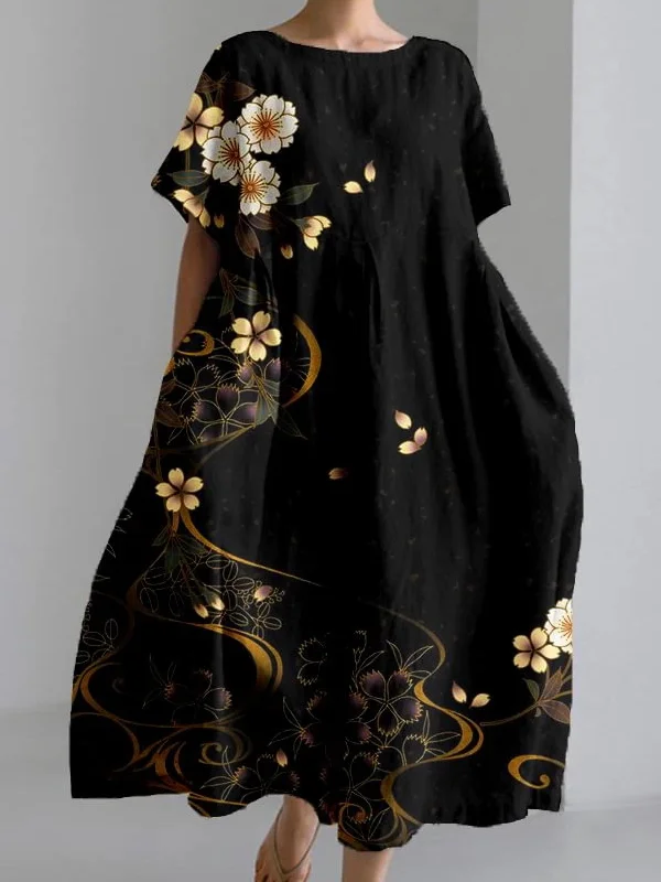 Women's Artistic Floral Print Vintage Round Neck Pleated Maxi Dress