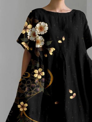 Women's Artistic Floral Print Vintage Round Neck Pleated Maxi Dress