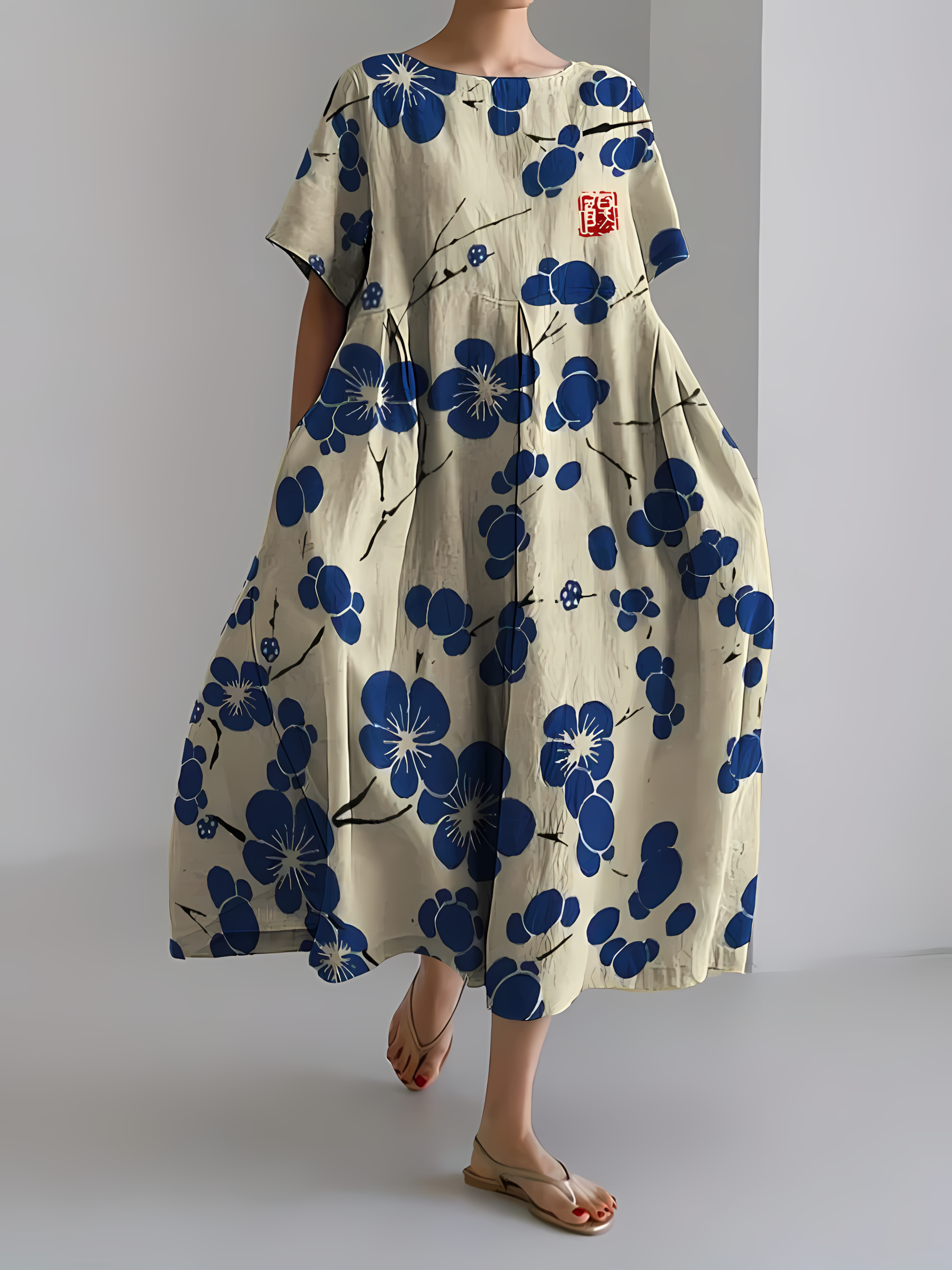 Women's Japanese Art Floral Print Vintage Round Neck Pleated Maxi Dress