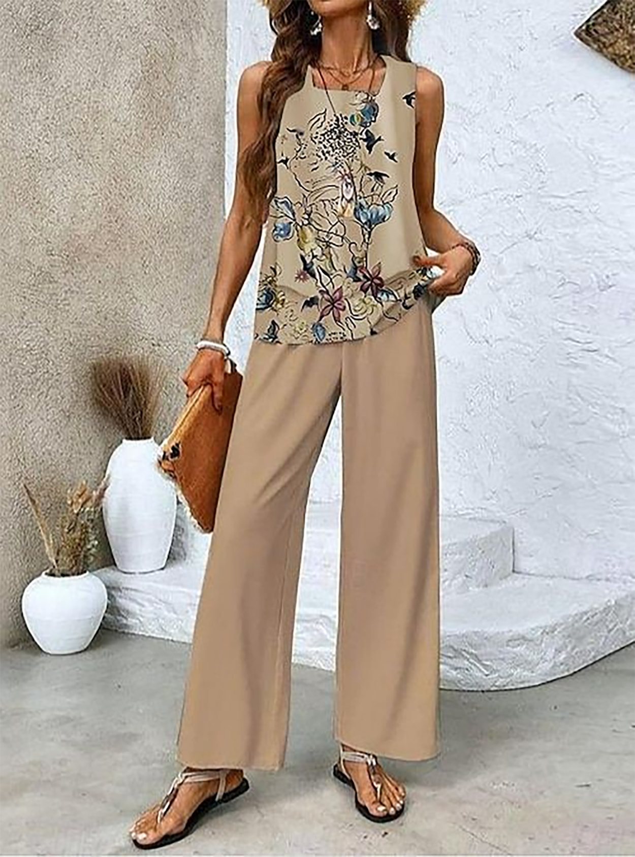 Women's Spring Floral Casual Tank Top Pants Two Piece Suit