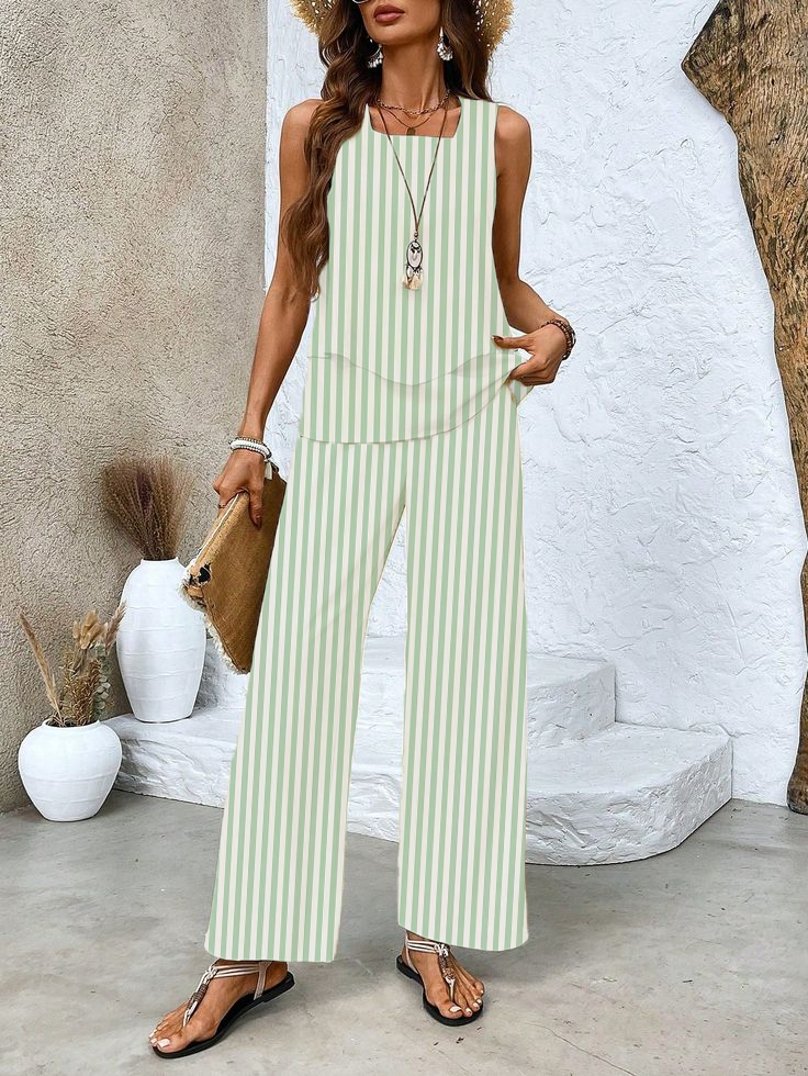 Women's Striped Spring and Summer Daily Two-piece Casual Top + Pants Set