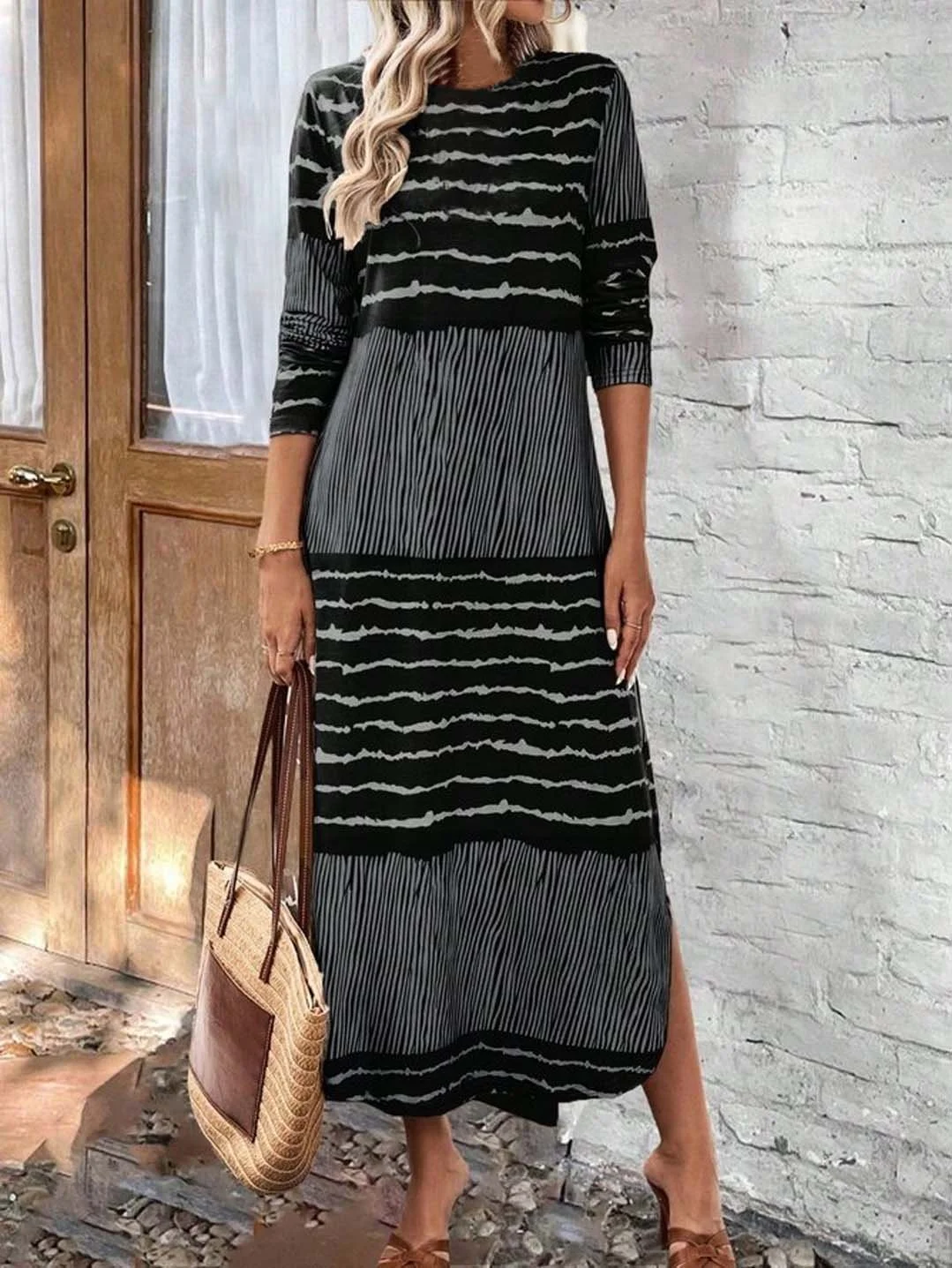 Women's Retro Elegant Striped Splicing Long Sleeve Slit Dress