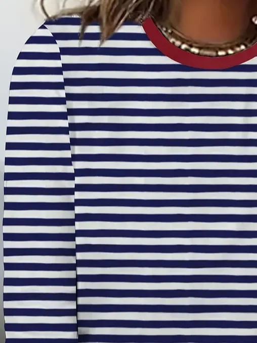 Women's Striped Spring Print Casual Round Neck Long Sleeve T-Shirt