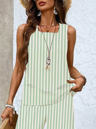 Women's Striped Spring and Summer Daily Two-piece Casual Top + Pants Set