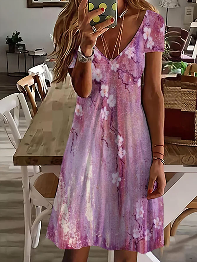 Floral Regular Fit V Neck Casual Dress With No