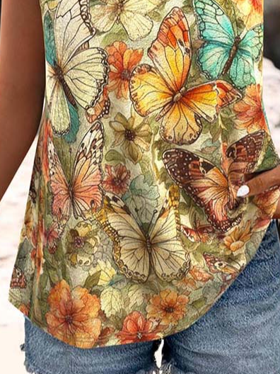 Butterfly Casual Cotton-Blend V Neck Tank Top