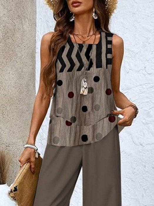 Women's Geometric Spring Print Casual Tank Top Pants Two Piece Suit