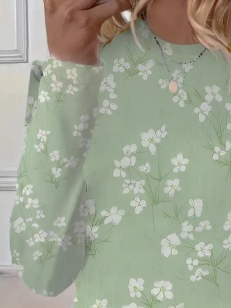 Women's Floral Spring Print Casual Round Neck Long Sleeve T-Shirt