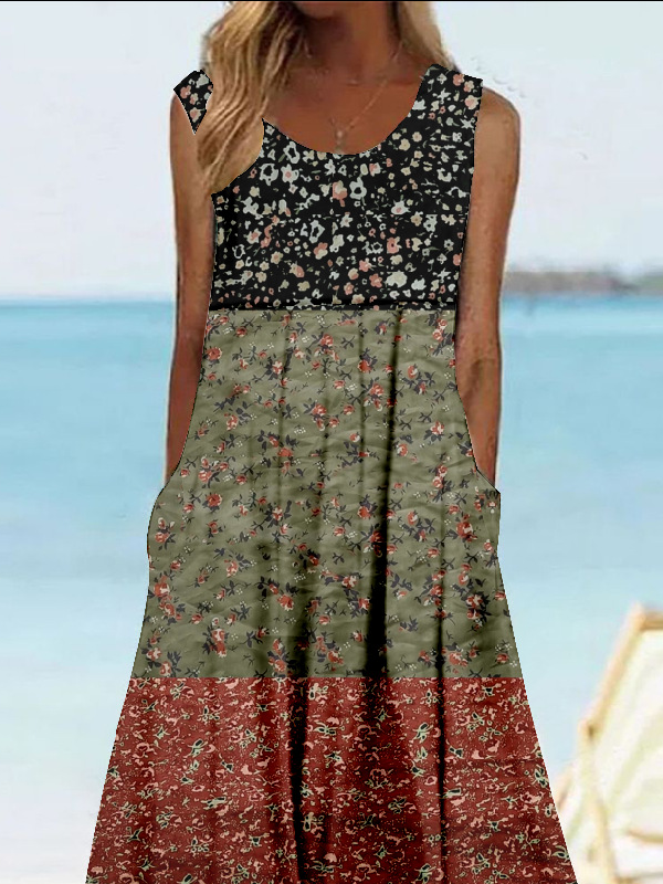 Crew Neck Ditsy Floral Vintage Dress With No