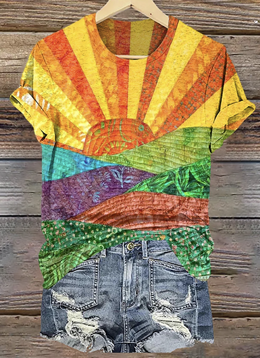 Crew Neck Casual Geometric Cotton T-Shirt