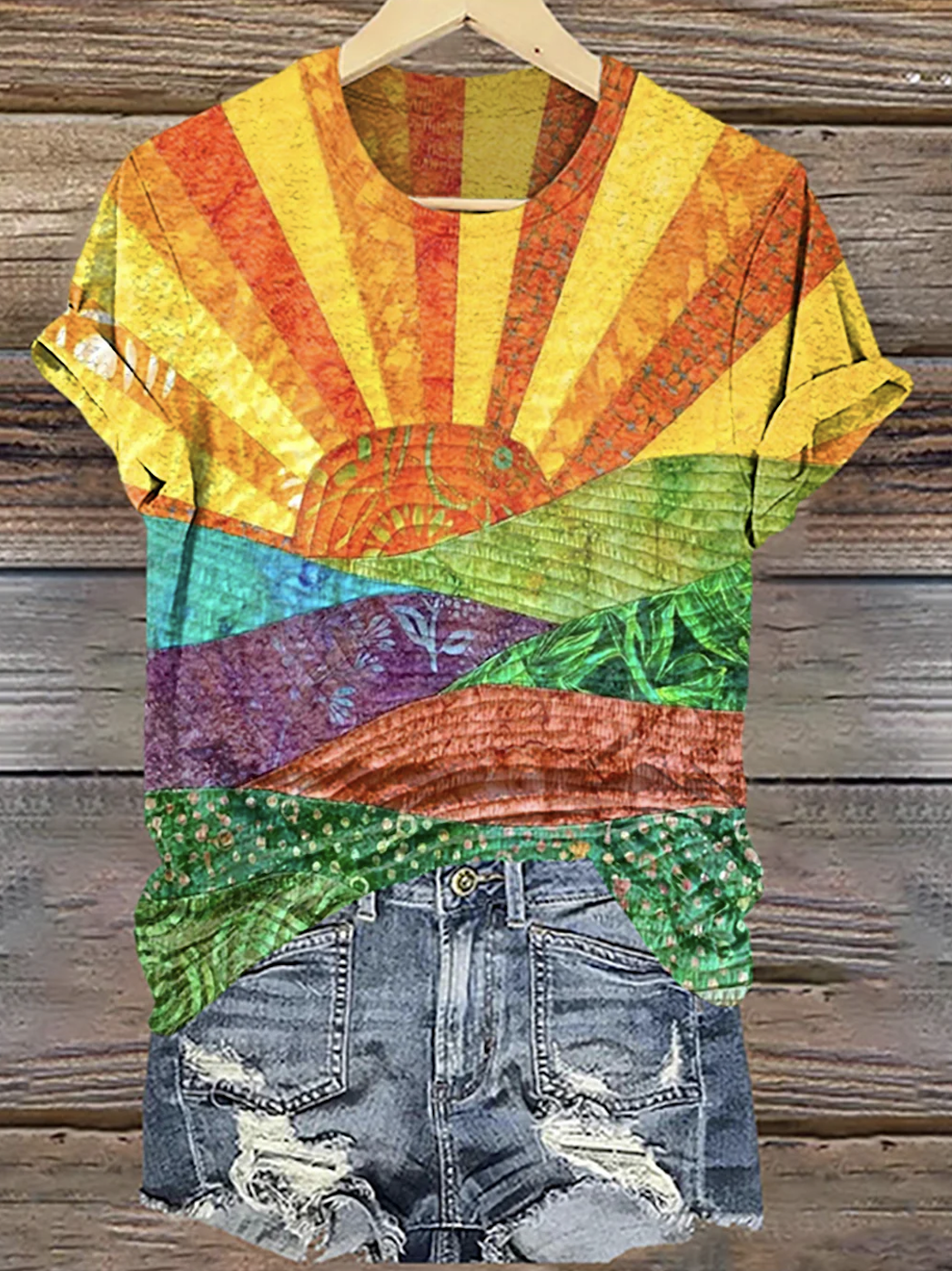 Crew Neck Casual Geometric Cotton T-Shirt