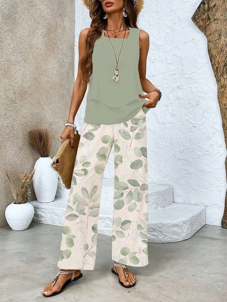 Women's Floral Spring Print Casual Tank Top Pants Two Piece Suit