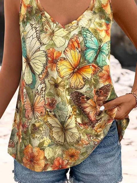 Butterfly Casual Cotton-Blend V Neck Tank Top