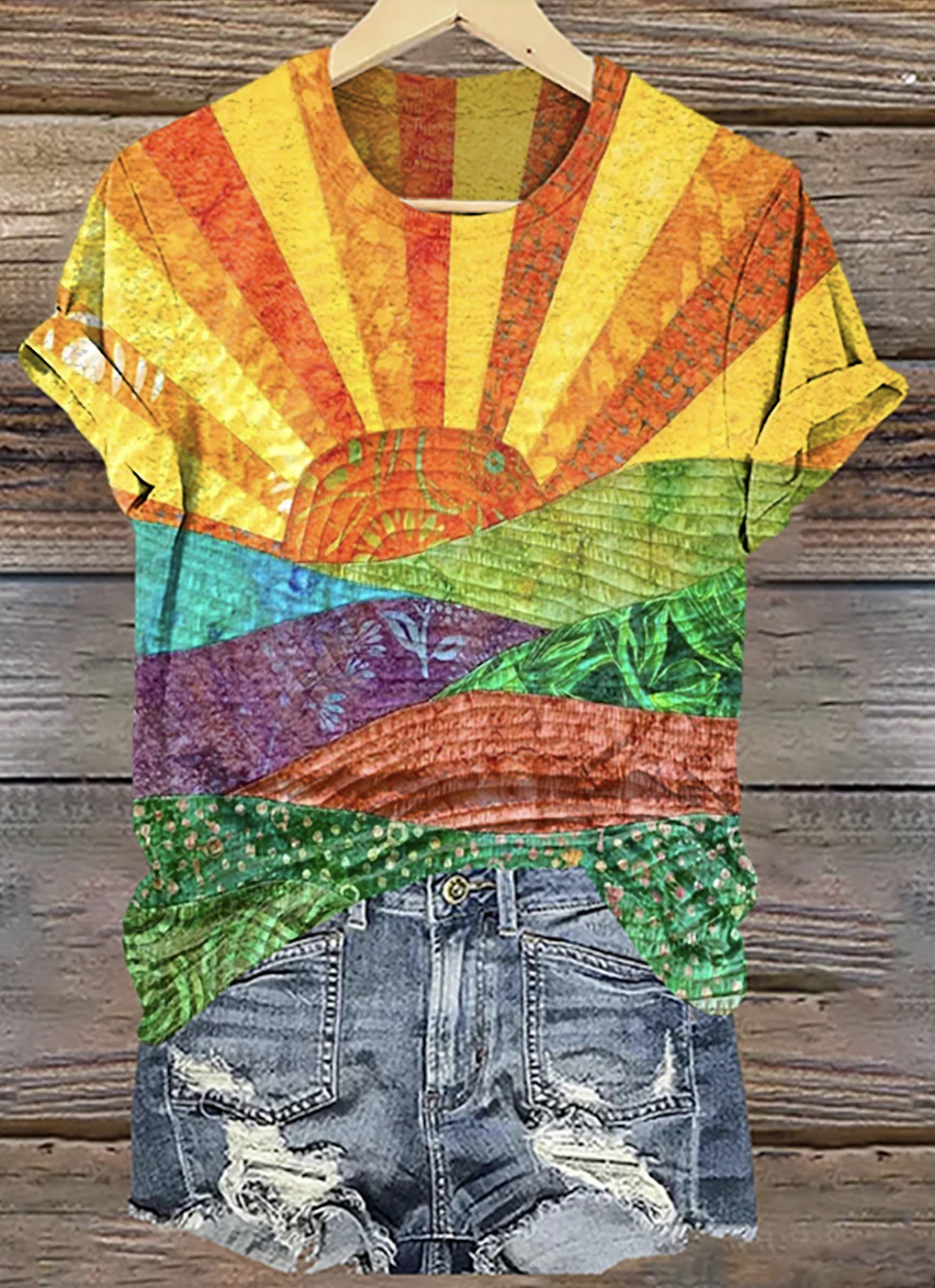 Crew Neck Casual Geometric Cotton T-Shirt