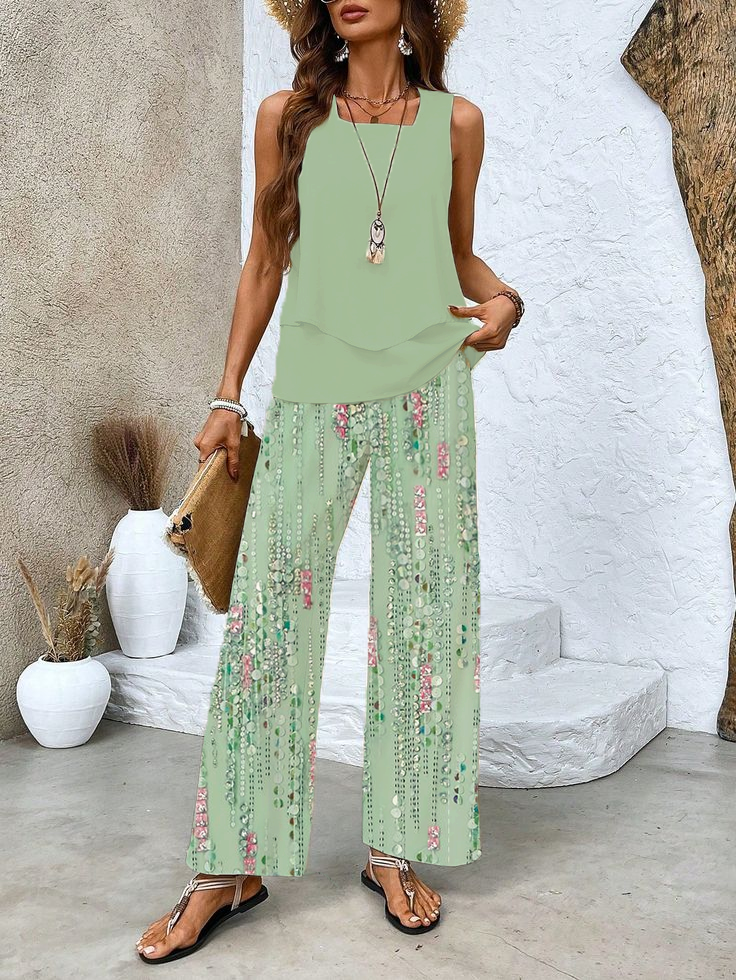 Women's Floral Spring Print Casual Tank Top Pants Two Piece Suit