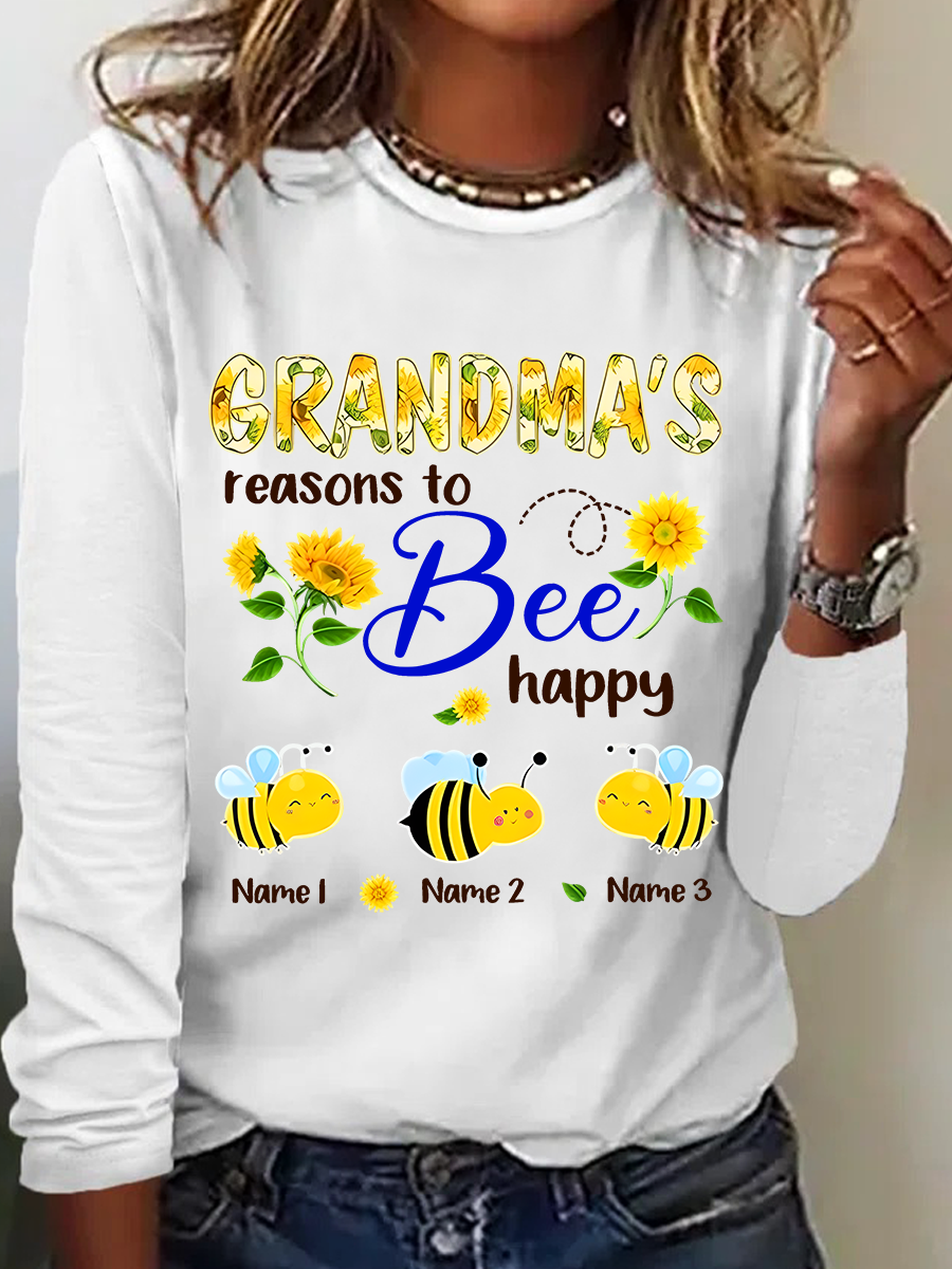 Personalized Grandma With Grandkids Sunflower Bee Butterfly Casual Long Sleeve Shirt