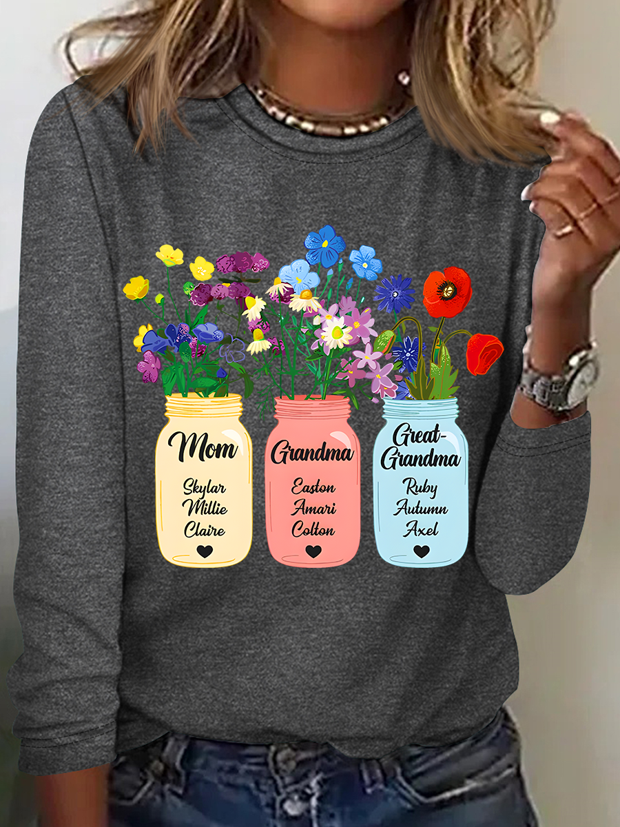 Personalized Grandma Flower Jar Casual Long Sleeve Shirt