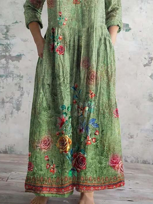 Women's Vintage Floral Art Print Pocket Cotton Dress
