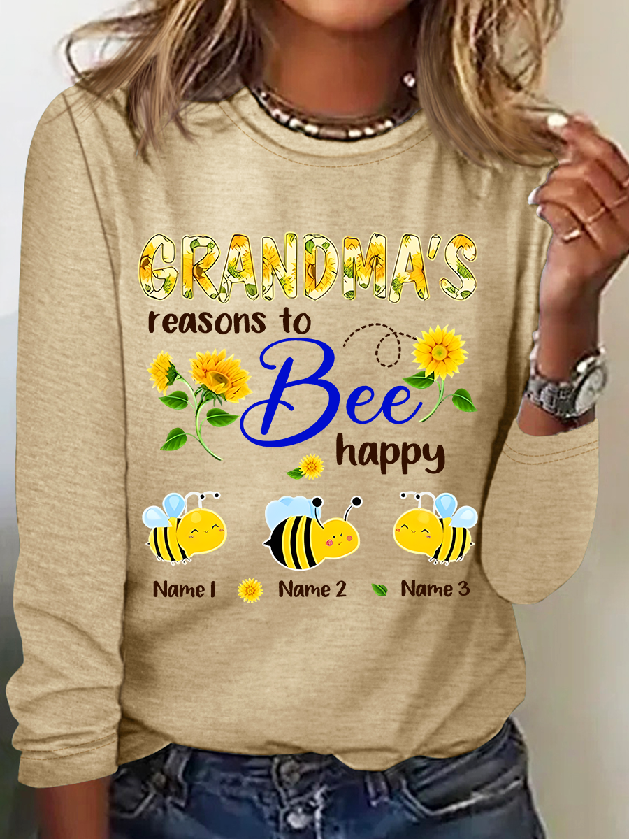 Personalized Grandma With Grandkids Sunflower Bee Butterfly Casual Long Sleeve Shirt