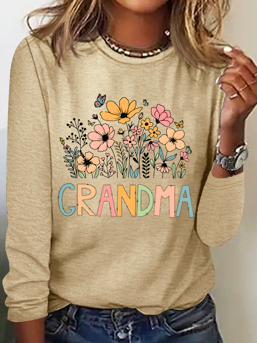 Grandma Flower Casual Long Sleeve Shirt