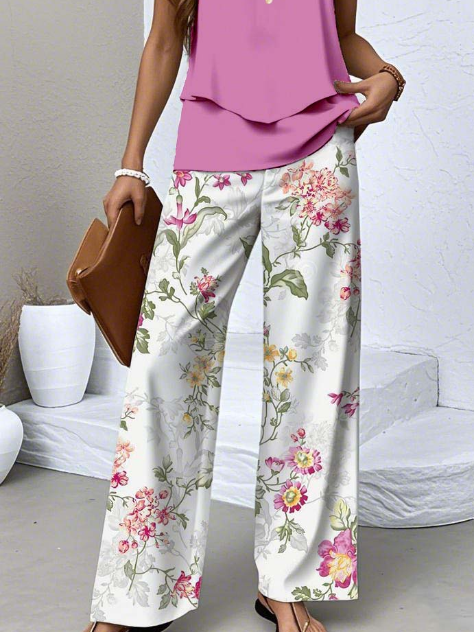 Crew Neck Regular Fit Floral Casual Two-Piece Set With No