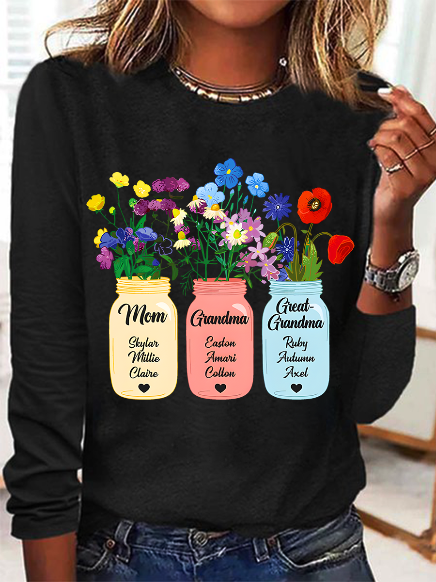 Personalized Grandma Flower Jar Casual Long Sleeve Shirt