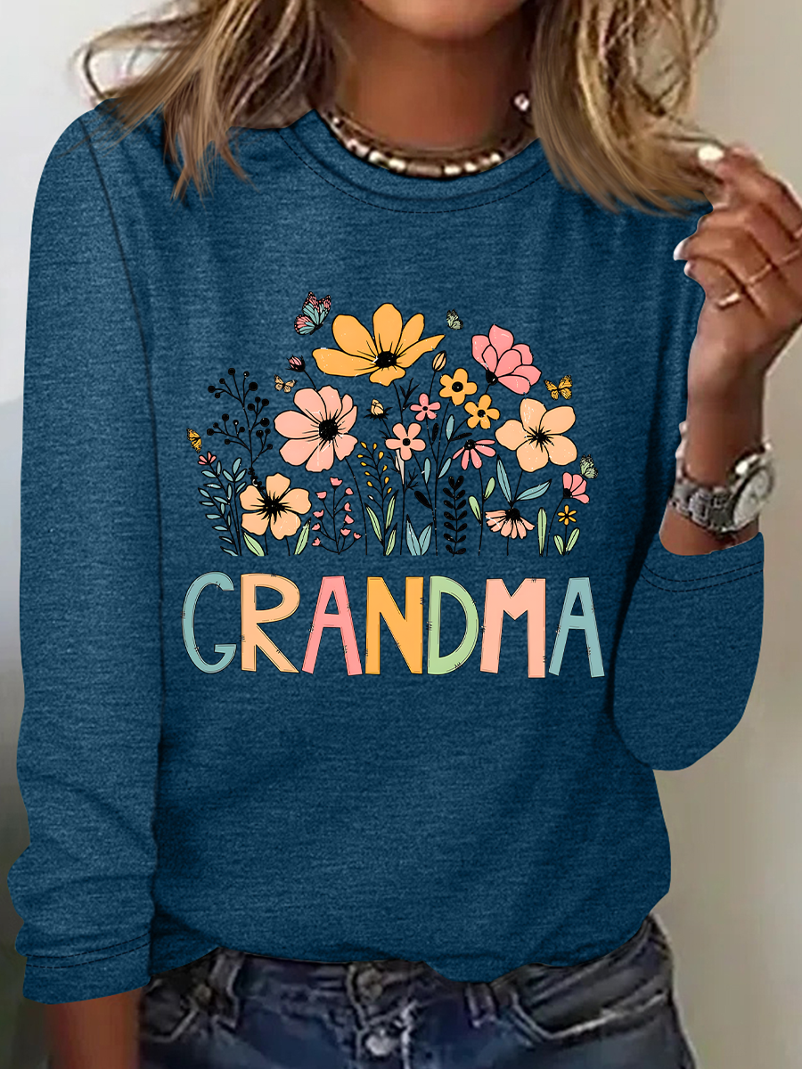 Grandma Flower Casual Long Sleeve Shirt