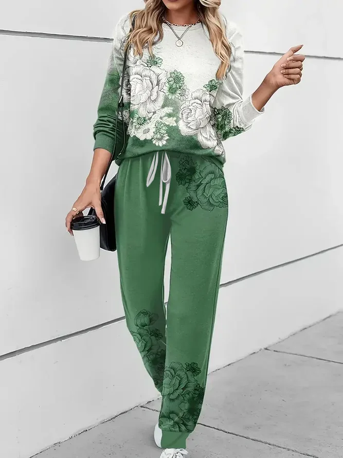 Women's Printing Floral Daily Going Out Two-Piece Set Green Casual Spring/Fall Top With Pants Matching Set