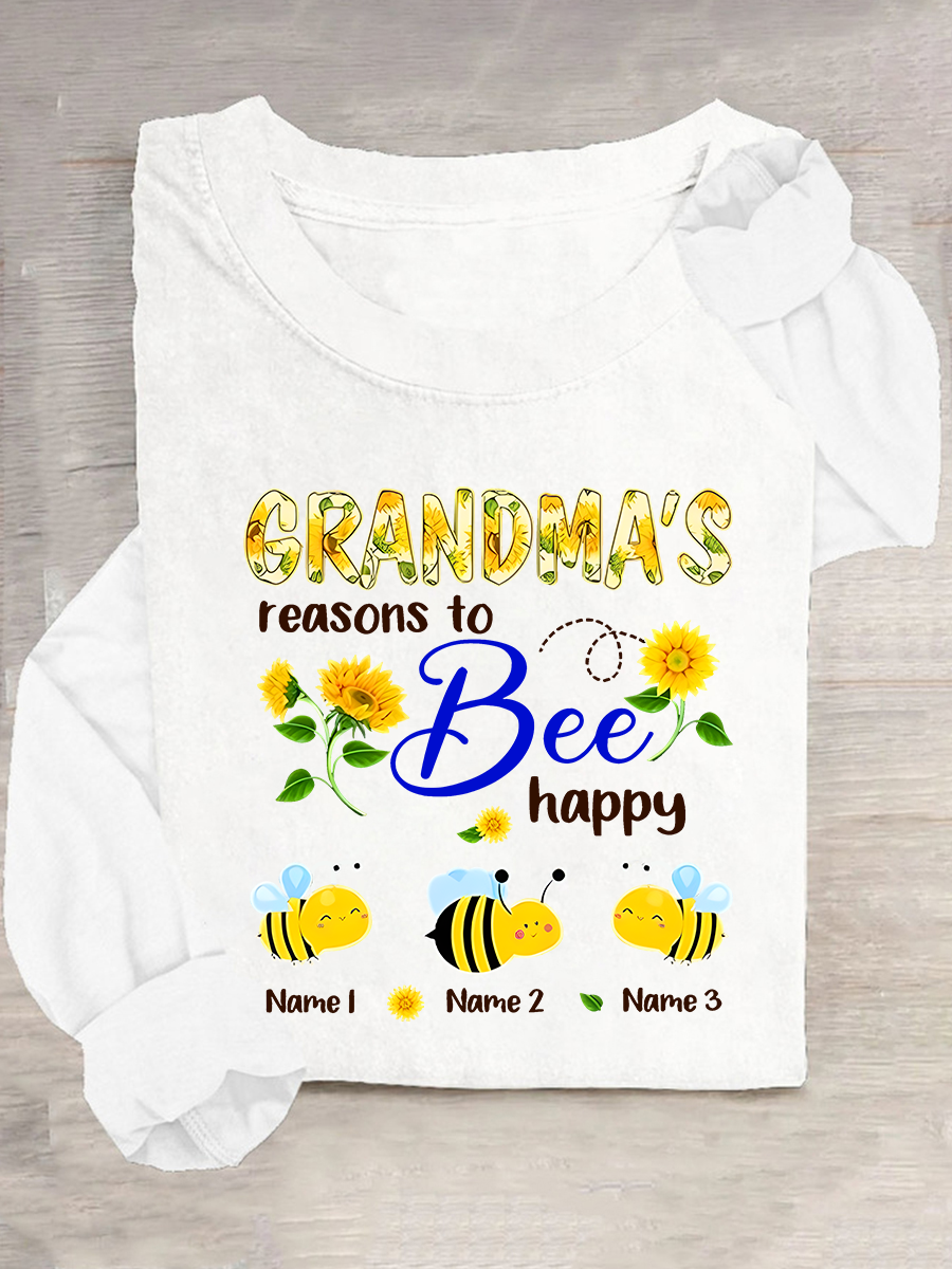 Personalized Grandma With Grandkids Sunflower Bee Butterfly Casual Long Sleeve Shirt