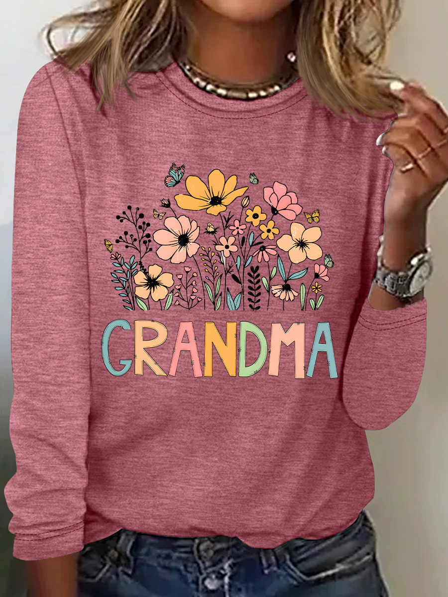 Grandma Flower Casual Long Sleeve Shirt