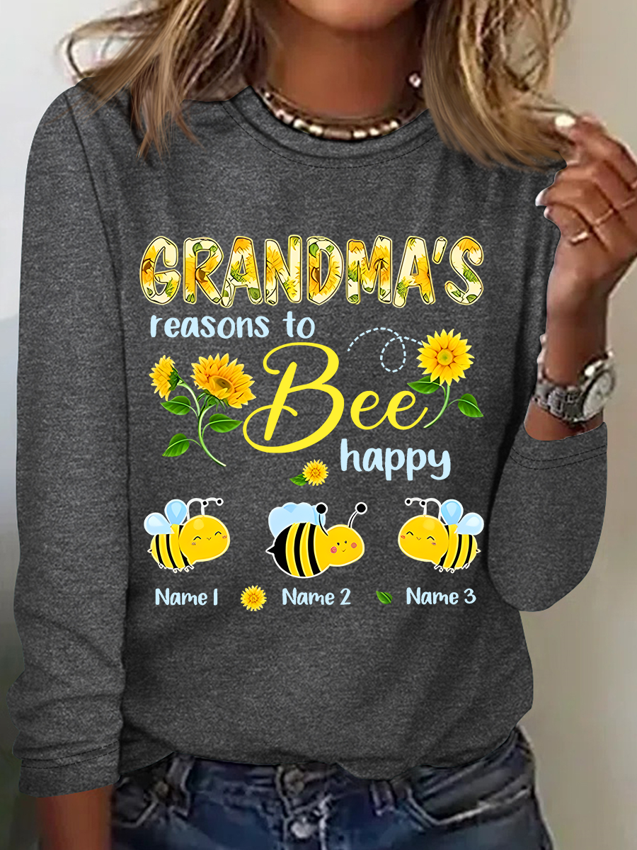 Personalized Grandma With Grandkids Sunflower Bee Butterfly Casual Long Sleeve Shirt