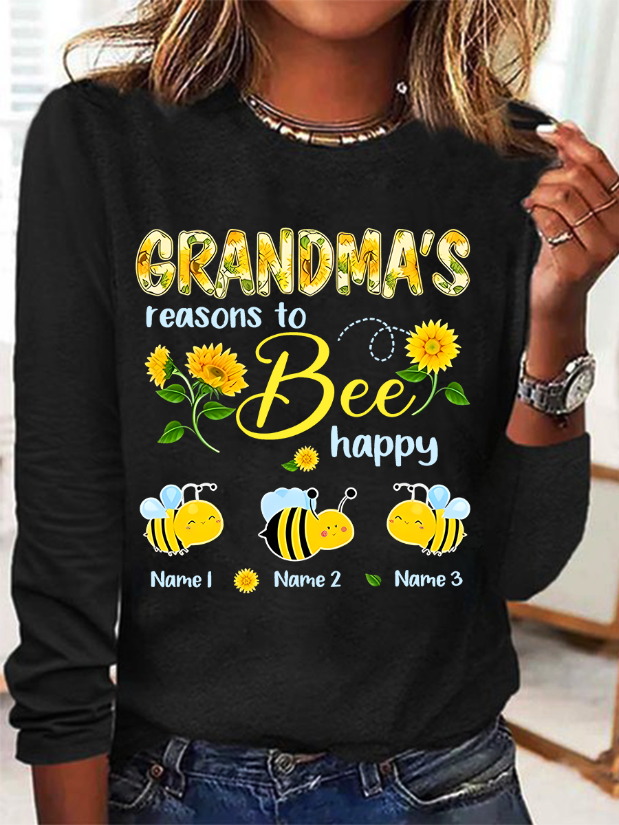 Personalized Grandma With Grandkids Sunflower Bee Butterfly Casual Long Sleeve Shirt